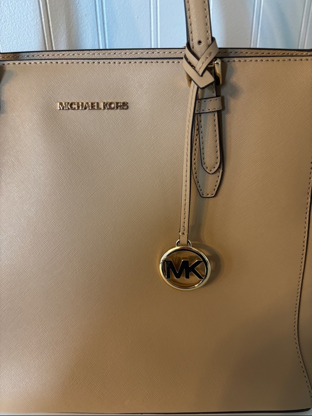 Michael Kors Gilly Camel Leather Tote with Gold MK Charm - Picture 2 of 16